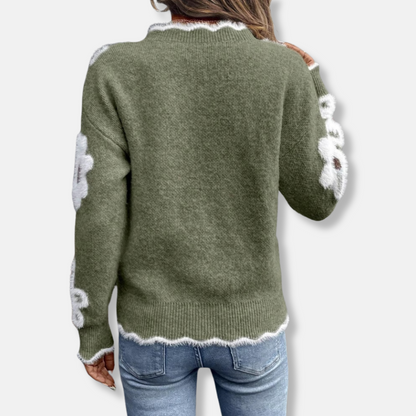 Dam Sweatshirt – Avslappnad Passform – Blommigt Jacquardmönster – Ribbade Muddar
