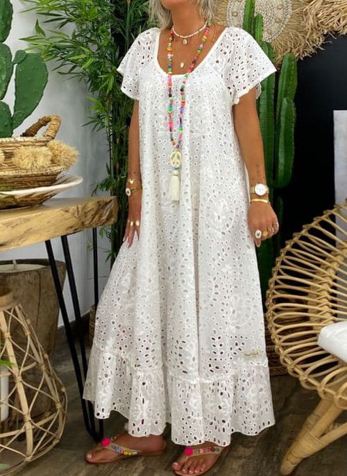 Damklänning maxi – Naturliga fibrer – Broderade detaljer – Avslappnad passform