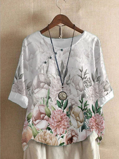 Damblus - Blommigt Mönster - Rund Hals - Halvlång Ärmar - Bekväm och Andas