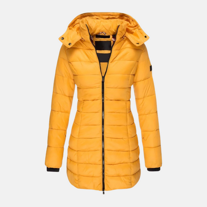 Dam Pufferjacka – Slim Fit – Quiltad – Mellanlång – Huva – Muddade Ärmslut