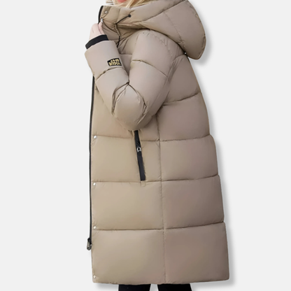 Dam Lång Pufferjacka – Quiltat Fodrat Tyg – Oversized Passform – Huva med Dragsko