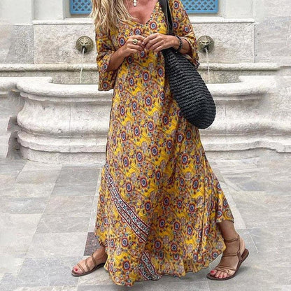 Damklänning maxi – Lös passform – V-ringning – Lång ärm – Andningsbar mix – Slitsar