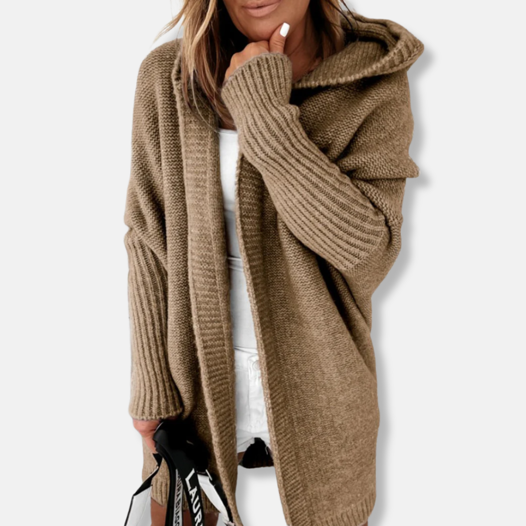 Dam Jacka – Oversize Passform – Stickad – Huva – Öppen Front – Ribbad Mudd