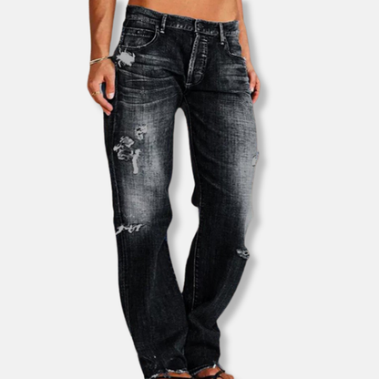 Damjeans – Hög Midja – Avslappnad Passform – Utsvängda Ben – Sliten Denim – Rå Kant
