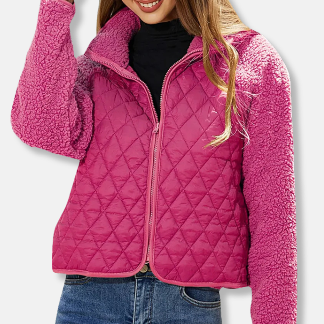 Damjacka – Quiltad med Sherpaärmar – Avslappnad Passform – Kort Skuren med Krage