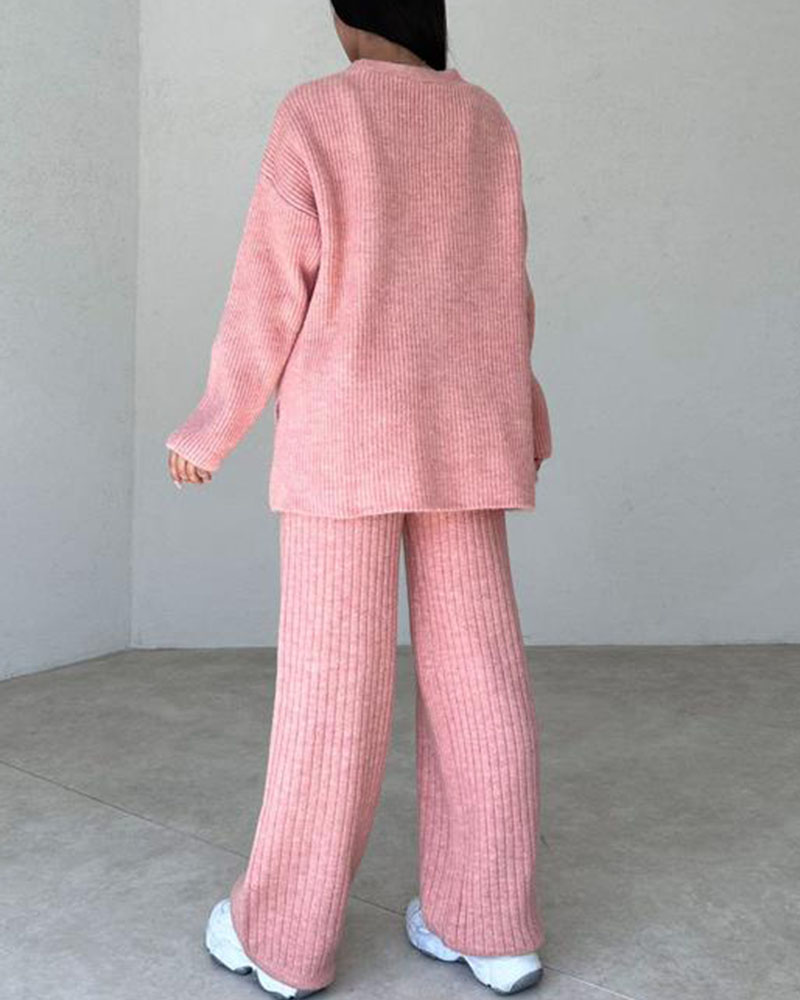 Dam Loungewear-Set - 3-delad Stickad - Kofta, Linne & Vida Byxor - Bekväm Passform