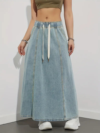 Dam Jeanskjol – Lång High Waist – Elastisk Midja med Dragsko – Casual och Bekväm
