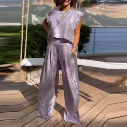 Damset – Èrmlös Croptop – Vida Högmidjebyxor – Avslappnad Passform