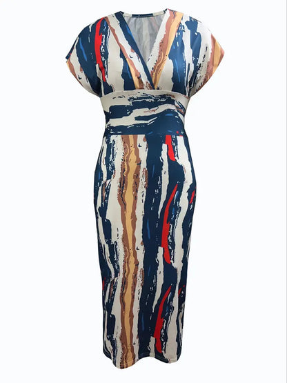 Damklänning - Figurnära Midi - V-ringning - Ärmlös Patchwork Denim Look