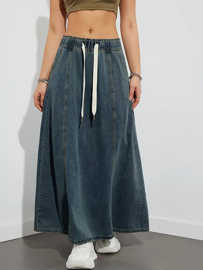 Dam Jeanskjol – Lång High Waist – Elastisk Midja med Dragsko – Casual och Bekväm