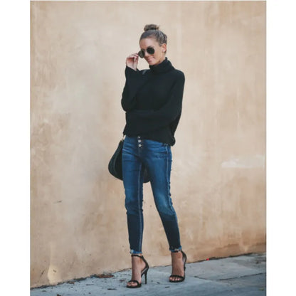 Damjeans - Högmidjade Skinny - Knappgylf - Stretchig Denim