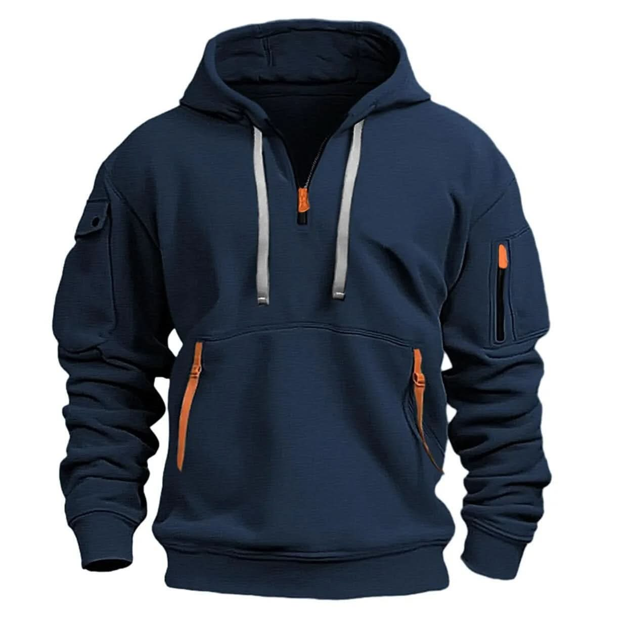 Modern sandfärgad hoodie med flera funktionella fickor för män