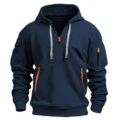 Men’s Hoodie - Halvdragkedja - Känguruficka med Dragkedja - Ribbad Kant - Avslappnad Passform