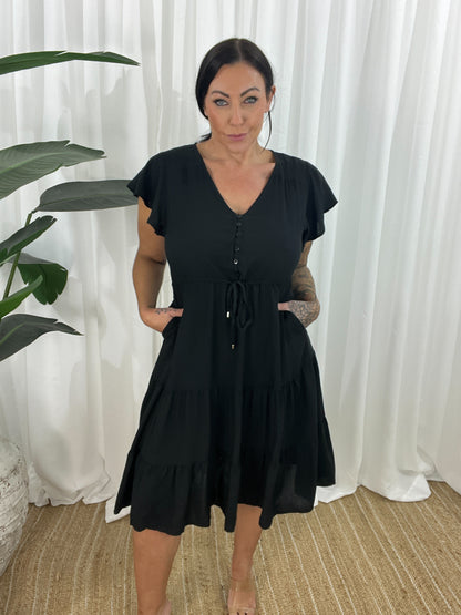 Damklänning - V-ringning - Korta Fjärilsärmar - Knappdetaljer - Justerbar Midja - Volangkjol