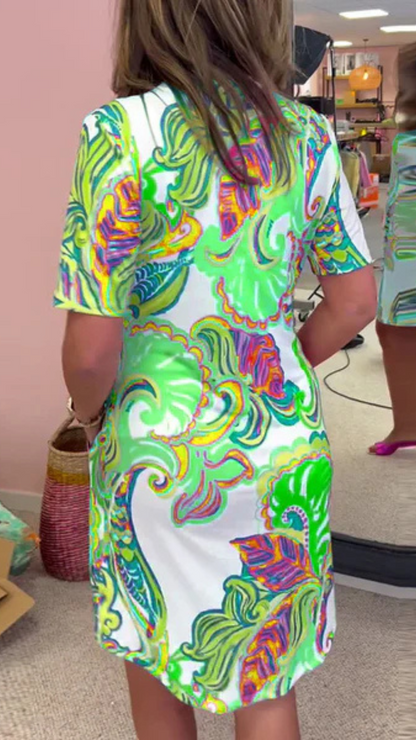 Damklänning – Avslappnad Passform – Kort Ärmar – Andningsbart Tyg – Tropiskt Mönster