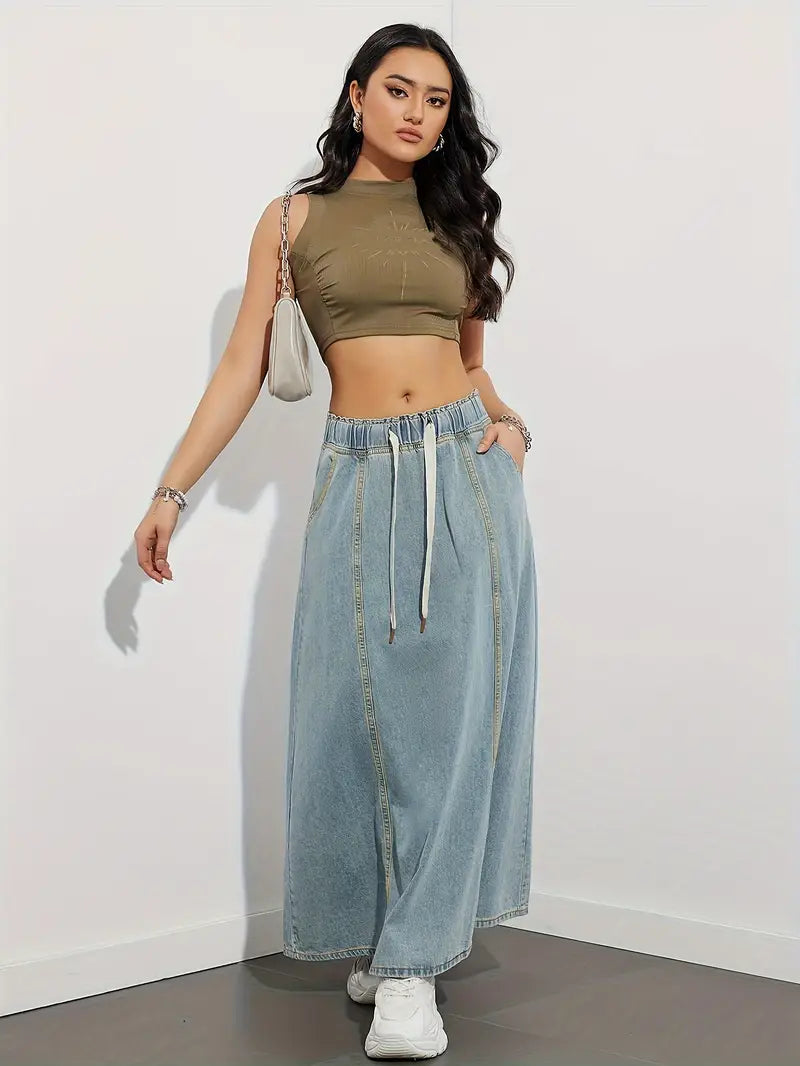 Dam Jeanskjol – Lång High Waist – Elastisk Midja med Dragsko – Casual och Bekväm