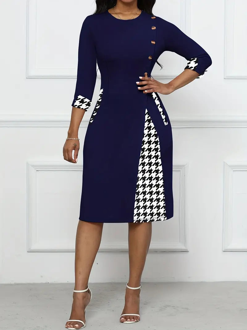 Klänning för Dam - Knälång Bodycon - Rund Hals - Trettondelsärm - Houndstooth Detaljer - Eleganta Knappar