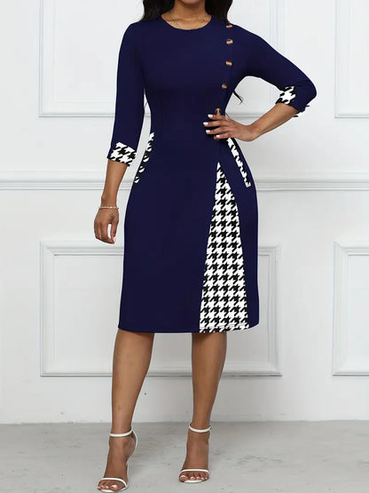 Klänning för Dam - Knälång Bodycon - Rund Hals - Trettondelsärm - Houndstooth Detaljer - Eleganta Knappar