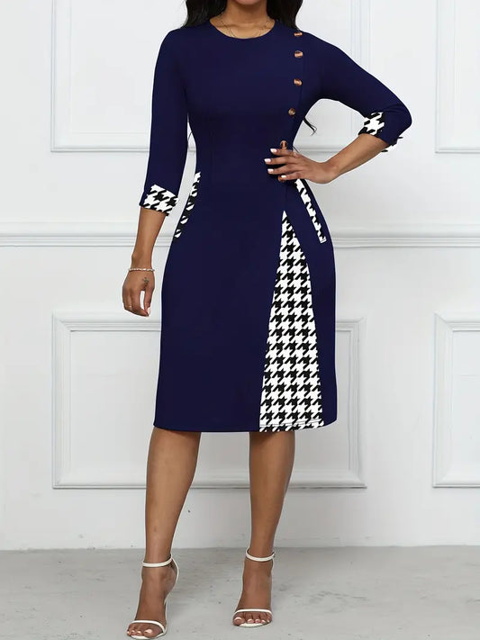 Klänning för Dam - Knälång Bodycon - Rund Hals - Trettondelsärm - Houndstooth Detaljer - Eleganta Knappar