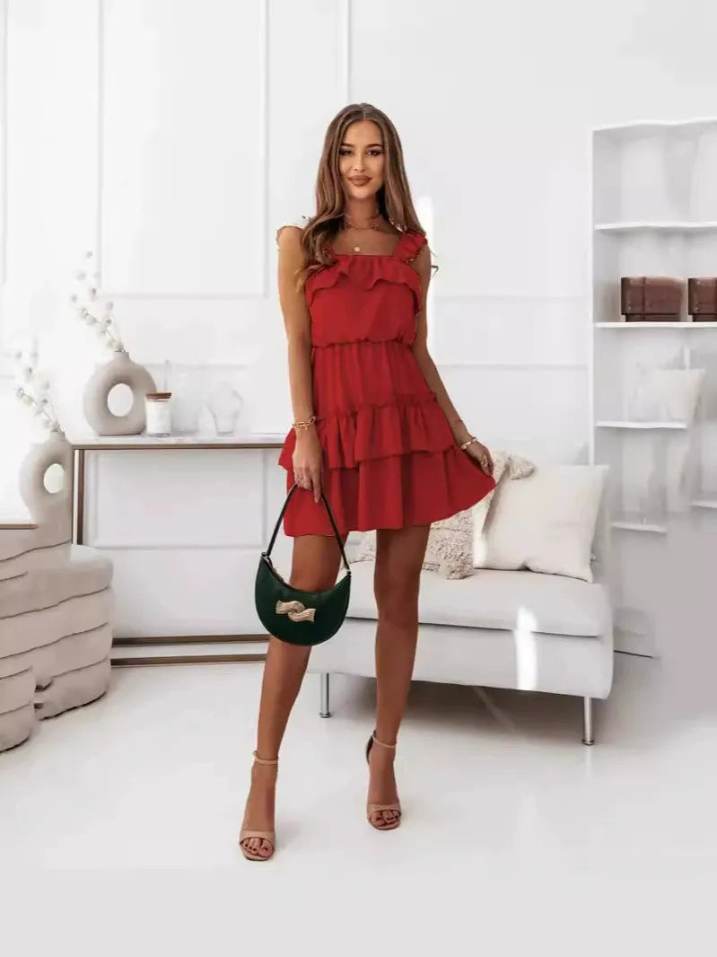 Damklänning med volang i två riktningar – Konvertibla axelband – Sommar Casual