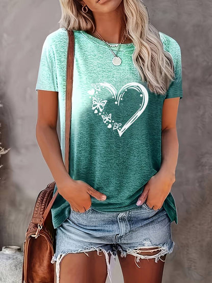 Dam T-shirt - Rundhals - Kortärmad - Fjäril & Hjärtmotiv - Bekväm Vardagströja