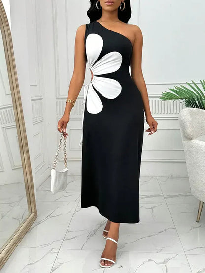 Dam Klänning - One-Shoulder Maxi - Blommigt Motiv - Ärm lös Elegant Design