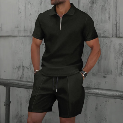 Herr Co-ords Set – Slim Fit Pikétröja och Shorts – Mjukstickat – Dragkedja i halsen
