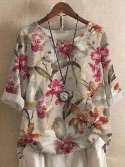Damblus - Blommigt Mönster - Rund Hals - Halvlång Ärmar - Bekväm och Andas
