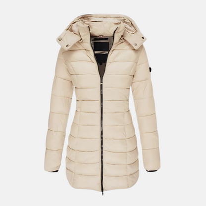 Dam Pufferjacka – Slim Fit – Quiltad – Mellanlång – Huva – Muddade Ärmslut