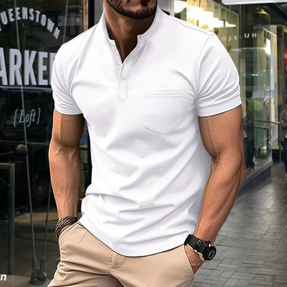 Herrpikétröja – Slim Fit – Mjukstickad – Halvkrage – Kort Ärm – Bröstficka