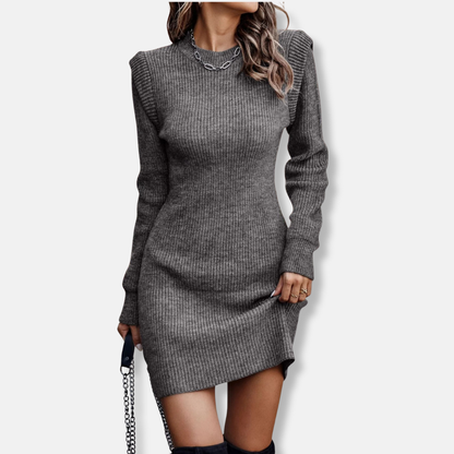 Damklänning – Bodycon Mini – Ribbad Trikå – Puffärm – Slim Fit – Lång Ärm