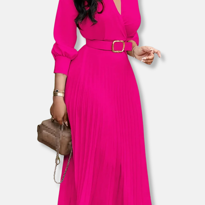 Damklänning Midi – A-linjeformad med Omlottdesign – Puffärm – Plisserad Kjol – Skärp i Midjan