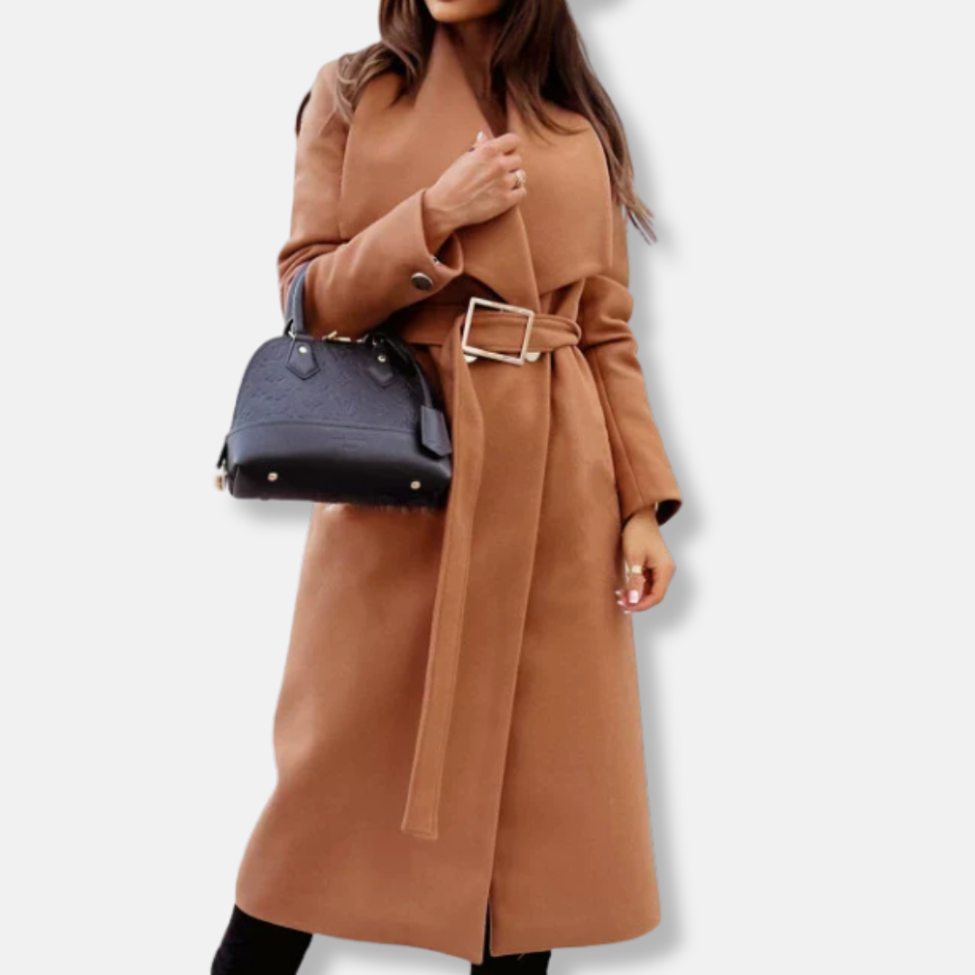 Damkappa Lång Modell – Avslappnad Skräddad Passform – Ullkänsla – Bälte – Draperade Slag