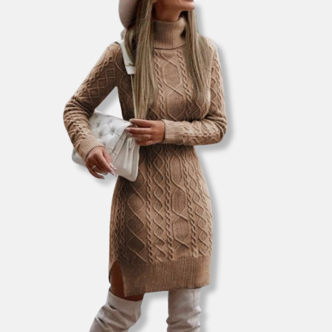 Damstickad Klänning – Slim Fit – Kabelstickad – Ull – Polokrage – Långärmad – Slits