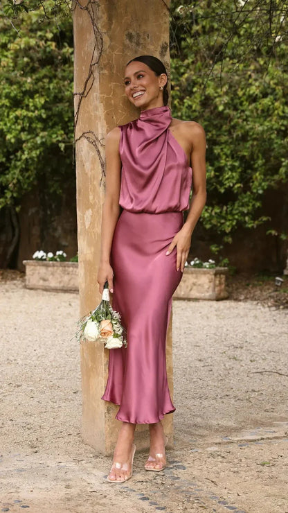 Klänning för Dam - One-Shoulder Asymmetrisk Design - Elegant Satinfinish - Midi-Längd
