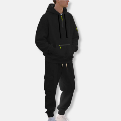 Herr Träningsset – Avslappnad Passform – Halvzip Hoodie – Cargojoggers med Dragsko