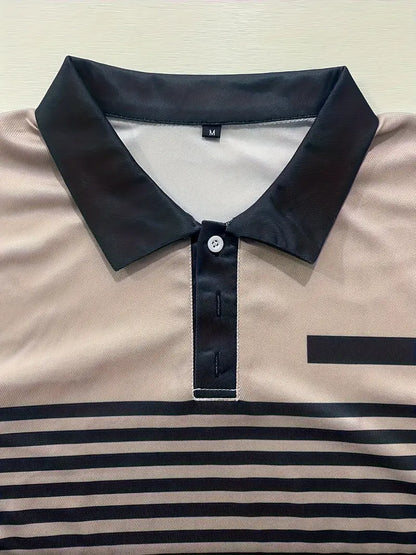 Herr Pikétröja - Randig Design - Slim Fit - Kortärmad Andas Komfort
