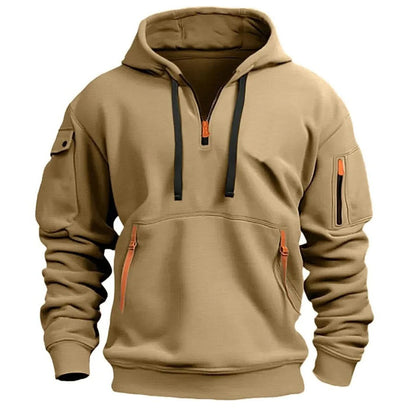 Men’s Hoodie - Halvdragkedja - Känguruficka med Dragkedja - Ribbad Kant - Avslappnad Passform