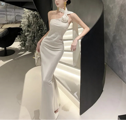 Elegant satinklänning med en axel för kvinnor – Aftonklänning i maximodell