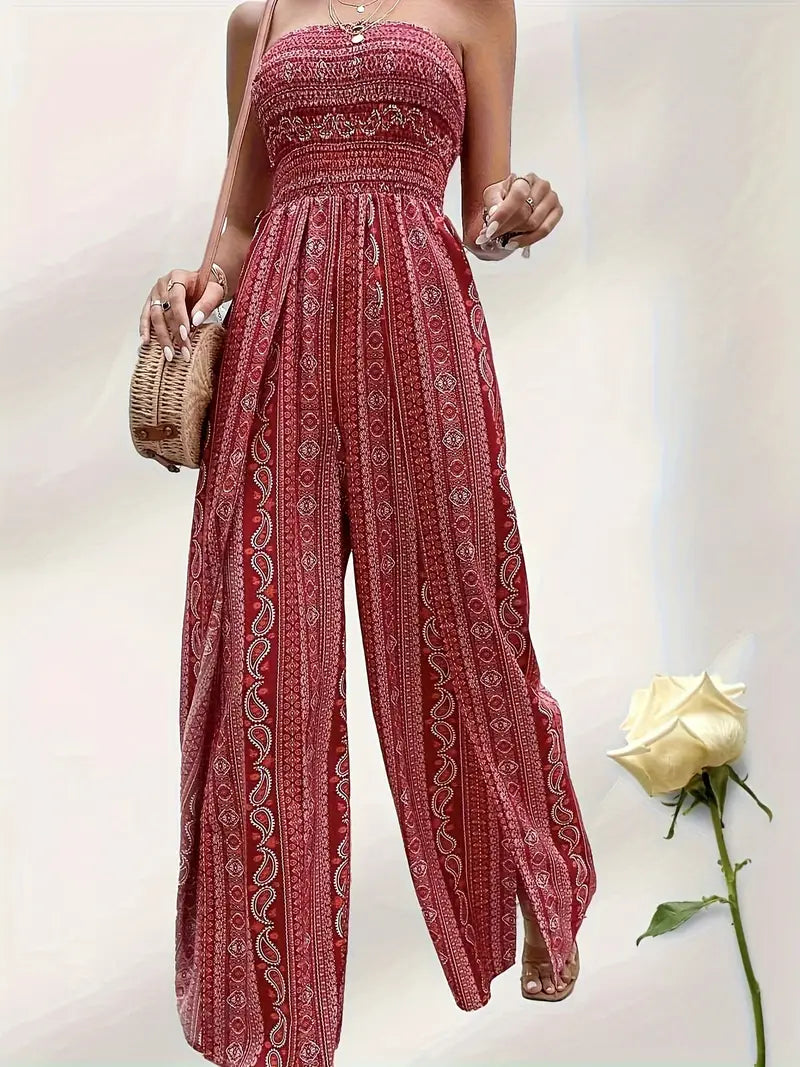 Dam Jumpsuit - Smockad Överdel - Vida Ben - Bohemisk Stil - Lättviktsmaterial