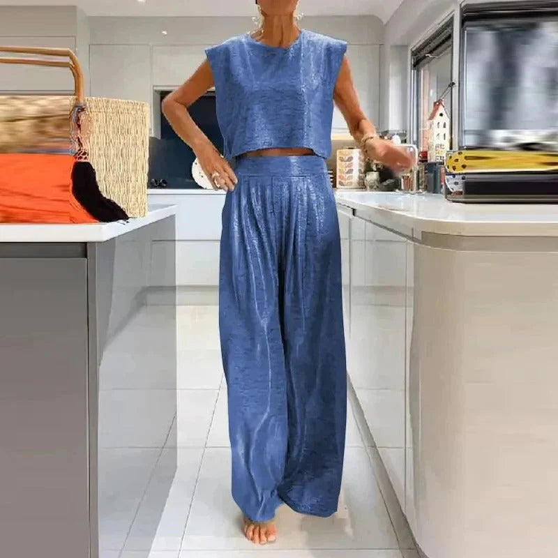 Damset – Èrmlös Croptop – Vida Högmidjebyxor – Avslappnad Passform