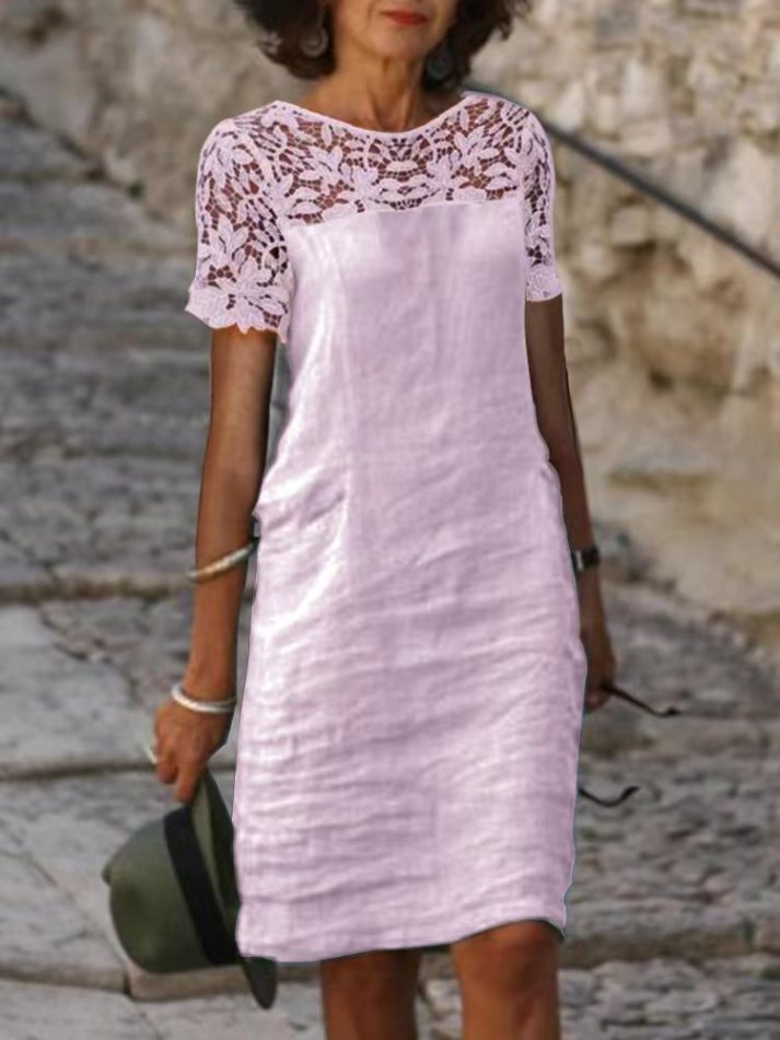 Damklänning – Lös Passform – Spetsdetaljer – Kort Ärm – Andningsbart Tyg