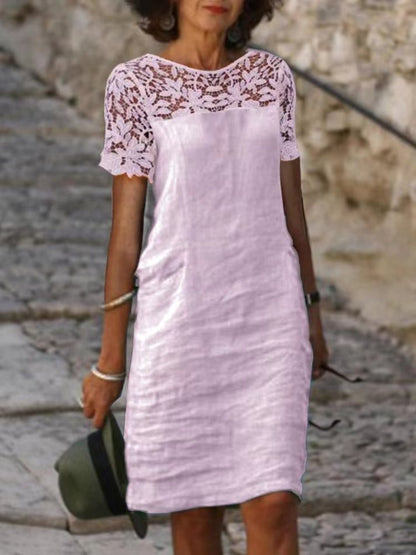 Damklänning – Lös Passform – Spetsdetaljer – Kort Ärm – Andningsbart Tyg
