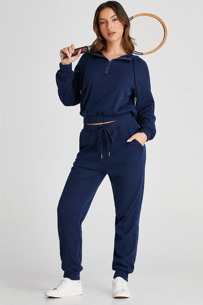Damtracksuit - Ribbad Lounge Set - Kvartzip Tröja & Högmidjade Joggers