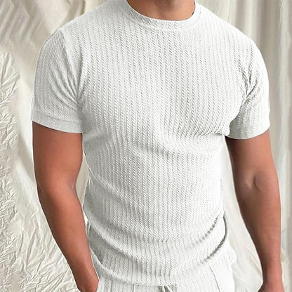 Herr T-shirt – Skräddarsydd Passform – Ribbad Struktur – Mjukstickad – Rund Hals – Kort Ärm