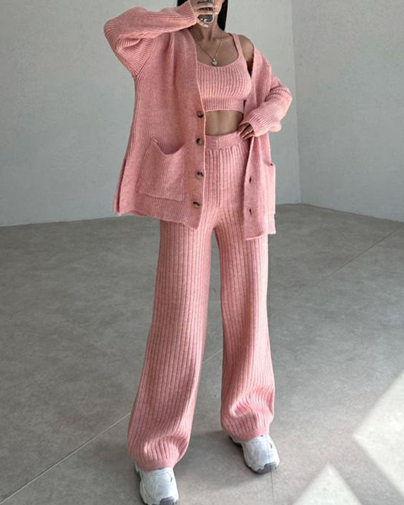 Dam Loungewear-Set - 3-delad Stickad - Kofta, Linne & Vida Byxor - Bekväm Passform