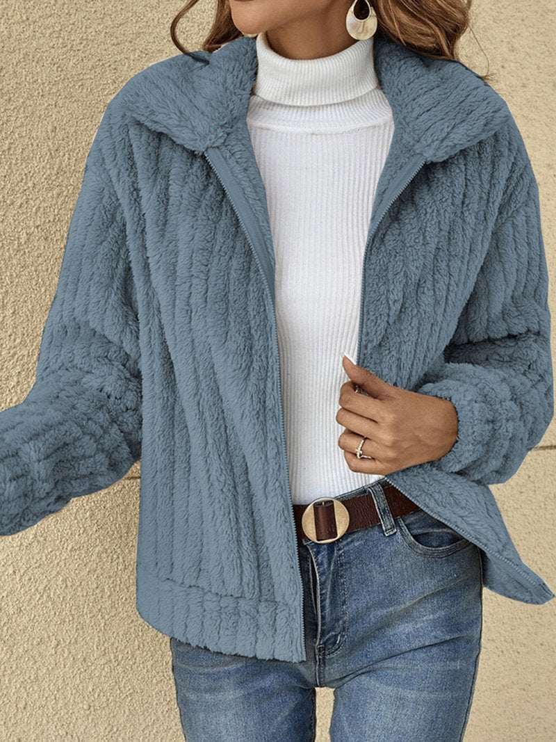 Dam Jacka – Fleece – Ribbad Textur – Avslappnad Passform – Kort Modell – Dragkedja