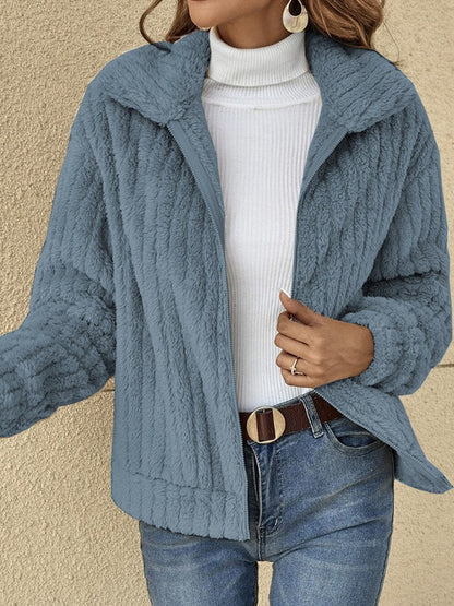 Dam Jacka – Fleece – Ribbad Textur – Avslappnad Passform – Kort Modell – Dragkedja