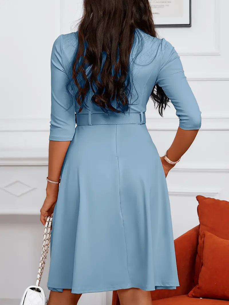 Damklänning - Figursydd A-linje - Trekvartsärm - Rund Hals med Dragkedja - Midjebälte