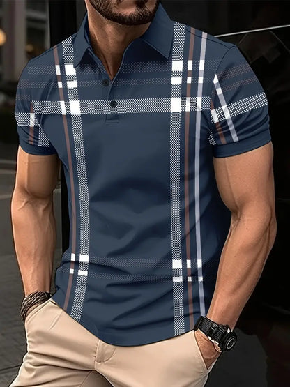 Herr Polo T-shirt - Rutigt Mönster - Slim Fit - Andningsbar Kortärmad